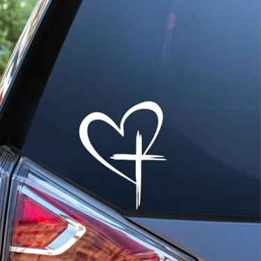 Imagem de Sunset Graphics & Decals Decalque Cristão Cruz e Coração Adesivo de Vinil Jesus Religioso | Carros Caminhões Vans Paredes Laptop Computador Espelho Skate Tablet | Branco | 5,5 polegadas | SGD000330