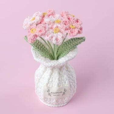 Imagem de Forget Me Not Planta de flores de crochê, pequenas flores de malha feitas à mão com vaso, pequenas plantas de flores artificiais em vaso de crochê para mesa, casa, carro, painel, decoração de