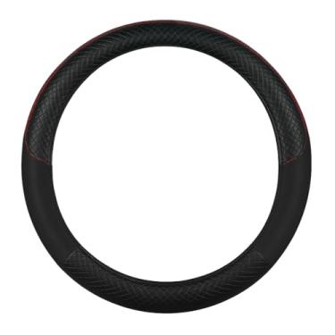 Imagem de Capa de volante de carro, antiderrapante, segura, macia, respirável – couro sintético de malha diamante com costura vermelha, resistente ao desgaste e durável, ajuste universal de 37 a 38 cm com anel