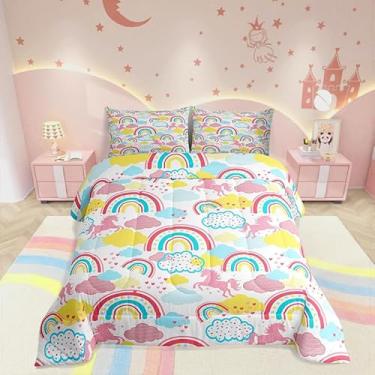 Imagem de Manfei Jogo de cama solteiro com desenho animado para meninas, adultos, arco-íris, unicórnio, aquarela, conjunto de colcha com nuvens engraçadas, 2 peças, enchimento de edredom estilo princesa kawaii