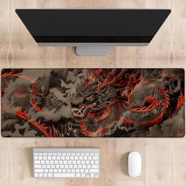 Imagem de dhakalrlde Tapete de mouse Fire Dragon para jogos, grande design oriental mítico, tapete de mesa para computador, teclado estendido, laptop, mouse pad 31,5 × 11,20 cm, tapete de borracha