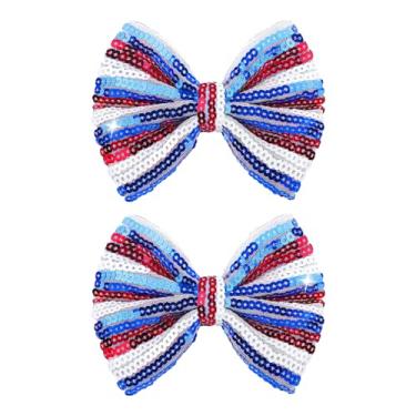 Imagem de Lanmerry Grampos de cabelo com laço de 4 de julho para meninas, acessórios de cabelo com glitter, laços grandes de 12,7 cm, presilhas de bebê, lantejoulas, laços de torcida, listras vermelhas e azuis