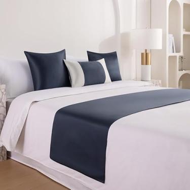 Imagem de Cachecol de corredor de cama de hotel colcha de cama moderna toalha de cama simples toalha de cauda de cor sólida decoração de cama para casa decoração de cama faixa de cama para pé da cama - azul