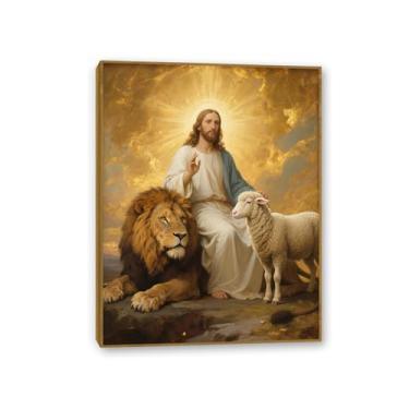 Imagem de Arte de parede em tela de leão e cordeiro, cristão, Jesus Leão, Rei, impressão de Deus, religiosa, decoração de parede, imagens para sala de estar, quarto, moldura teca de 80 x 60 cm (32 x 24 pol)