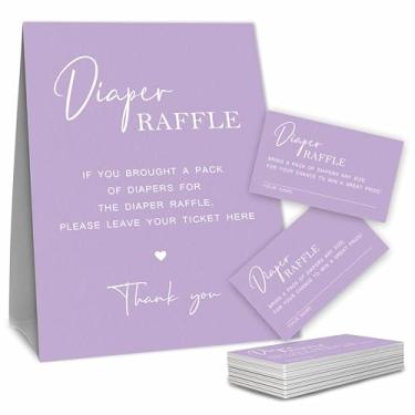 Imagem de Conjunto de sorteio de fraldas para chá de bebê, tema roxo de caligrafia, 1 placa de pé e 50 bilhetes de sorteio, kit de jogo de chá de bebê, suprimentos de festa para revelação de gênero - A18