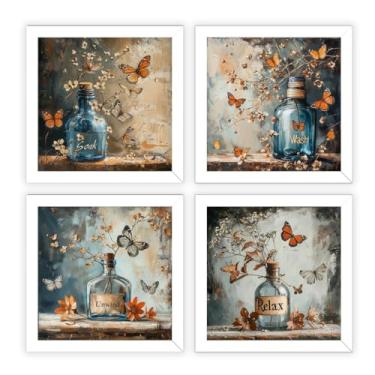 Imagem de kit 4 quadros com moldura e vidro, flores, vasos, borboletas, banheiro, lavabo, toalete, arte (Branco)