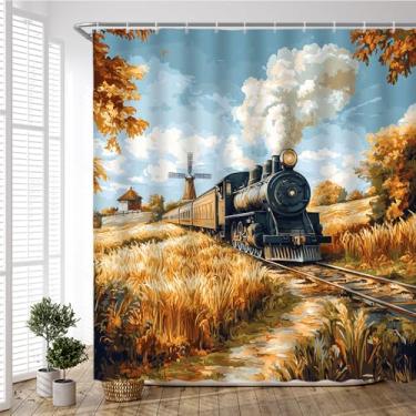 Imagem de PZMPZM Cortina de chuveiro retrô com motor a vapor, antigo, trem antigo, ferrovia, fumaça, outono, árvore, rústico, natureza, moderno, banheiro, cortinas de tecido de poliéster com ganchos 178 cm L x