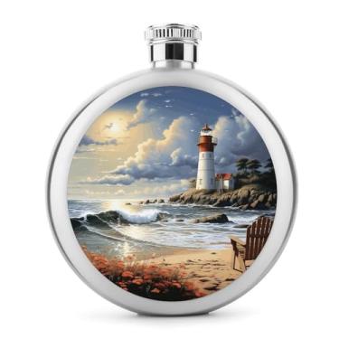 Imagem de Cantil de aço inoxidável, farol do mar, estampa de areia, frasco de metal, clássico, cantil, garrafa de viagem, garrafa portátil de licor
