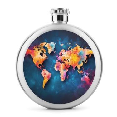 Imagem de Cantil de aço inoxidável, mapa do mundo abstrato impressão clássica garrafa de bolso garrafa anca garrafa de viagem garrafa portátil garrafa de metal