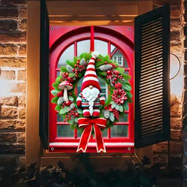 Imagem de BlissYard Cortina de janela de inverno Capa de janela de Natal 79 x 119 cm com guirlanda de gnomo nórdico e cena de porta vermelha com pinha de cogumelo e decoração de fita para exibição de férias de