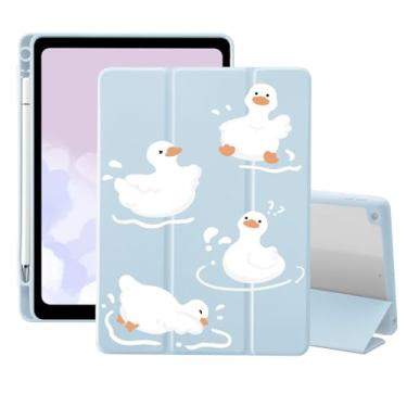 Imagem de Capa Kawaii Duck para iPad Pro 6ª/5ª/4ª/3ª geração (2022/2021/2020/2018) 12,9 polegadas com suporte para lápis com três dobras, couro azul, capa feminina, capa traseira transparente, despertar