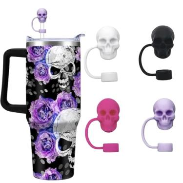Imagem de Capa de canudo de caveira para copo Stanley, protetor de canudos de silicone de 10 mm de 10 mm compatível com copo de 30 e 1,134 g, preto branco rosa vermelha roxa caveira Halloween Stanley Cup