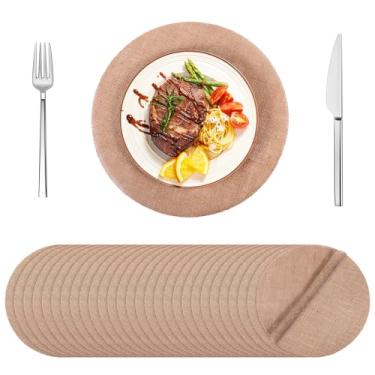 Imagem de MBAIYO Jogo americano redondo de serapilheira, 100 peças, jogo americano de tecido de serapilheira de 33,8 cm, tapetes de mesa reutilizáveis de juta marrom rústico para casamento, Natal, jantares