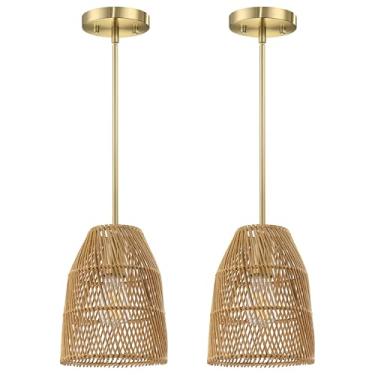 Imagem de Dolaimi House Pacote com 2 1 luz industrial vintage natureza lanterna de vime pendurado pingente de luz de teto, acabamento preto para ilha de cozinha, sala de estar, sala de jantar, sobre a pia