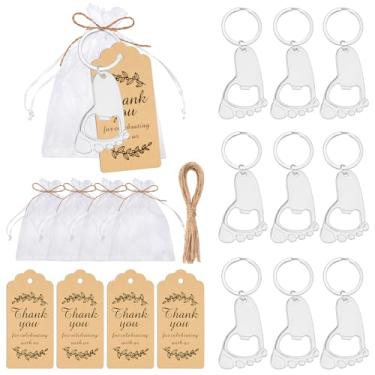 Imagem de Orlabno Conjunto de abridor de garrafa de chaveiro com pegada de bebê, lembrancinhas de chá de bebê DIY para convidados com bolsas de organza, etiquetas de agradecimento e corda, presentes de