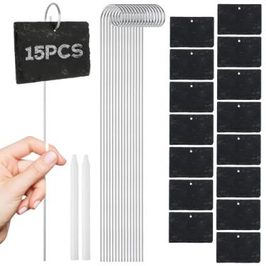 Imagem de LOYORTY 15 peças de marcadores de plantas de ardósia com estacas e giz de pedra, marcadores de jardim, placas de sinalização, etiquetas de plantador de ardósia penduradas para canteiro de flores