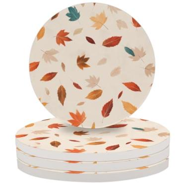 Imagem de DJYQBFA Conjunto de 4 porta-copos de cerâmica de folhas de bordo creme de Ação de Graças com suporte de cortiça - porta-copos absorventes para copos, decoração de casa de outono, porta-copos redondos