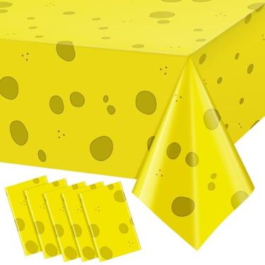 Imagem de Oudain 5 peças de toalhas de mesa com padrão de esponja amarela, toalhas de mesa de plástico amarelas, toalhas de mesa descartáveis de festa de aniversário para capa de mesa retangular, suprimentos de