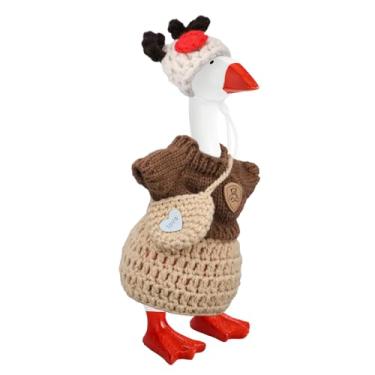 Imagem de 17,78cm Conjunto de Roupa de Ganso Mesa Natal, Chapéu Rena Lã Tricotada Camisa Saia Bolsa Mini Estátua Ganso Varanda Fantasia para Porta-Chaves Magnético