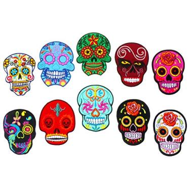 Imagem de Graphic Dust 10 peças caveira de açúcar bordado ferro no patch Calavera Candy Skull Mexico Applique Symbol Happy Death Lucky Spirit Coco Mochila DIY