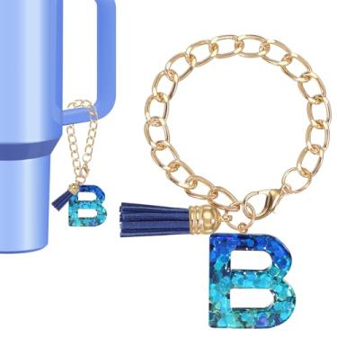 Imagem de Berloque de letras para copo Stanley, lindo pingente inicial B acessórios para chaveiro Stanley Tumbler Handle chaveiro personalizado para mulheres, azul