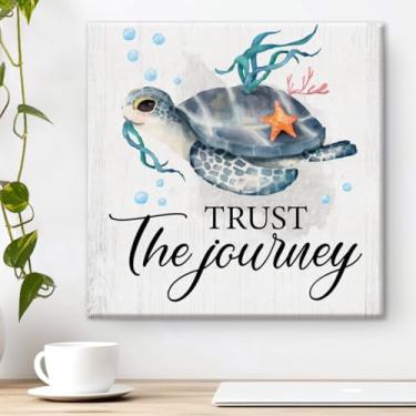 Imagem de Arte de parede de casa de praia pôster de tartaruga marinha Trust the Journey impressão decoração de parede 20 x 20 cm