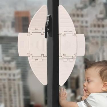 Imagem de 2 pçs/conjunto de fechadura de janela de porta deslizante universal antiabertura para porta dispositivo de proteção para bebês sem furo fechadura de segurança para crianças, bege (13,8 * 5 cm)