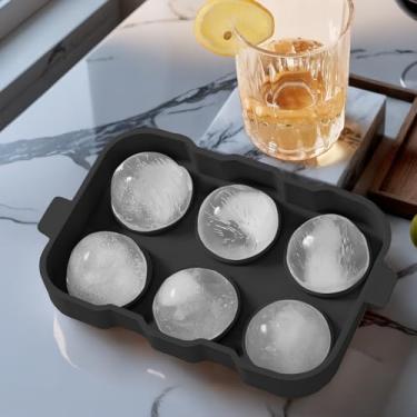 Imagem de Bandeja de silicone para cubos de gelo com tampa, 6 moldes grandes redondos para fazer bolas de gelo, fundo macio de liberação fácil, perfeito para uísque, coquetéis e bebidas