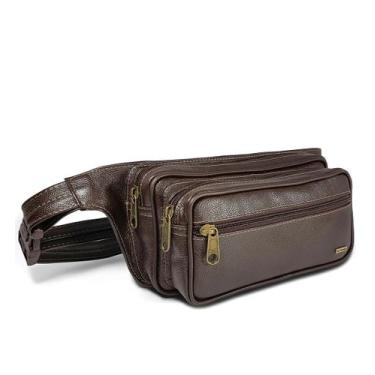 Imagem de Pochete Grande Masculina De Couro Espaçosa 4 Bolsos - Le Voyage, Marro