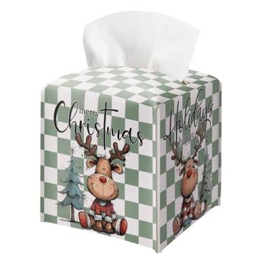 Imagem de Caixa quadrada Merry Christmas, suporte de caixa de lenços decorativa quadriculada de rena em aquarela, dispensador de caixas de lenços de couro à prova d'água para banheiro, escritório, carro, mesa