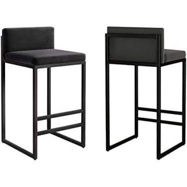 Imagem de LHYGXFC Conjunto de banquetas de veludo com altura para balcão com encosto e apoio para os pés Cadeiras de bar de jantar quadradas modernas para cozinha ilha casa pub cinza perna dourada 75 cm 3 peças