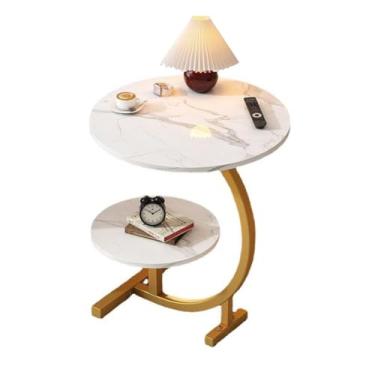 Imagem de Mesa lateral moderna de mármore falso de duas camadas - prateleira de armazenamento - pequena redonda para sala de estar ou quarto - mesa de cabeceira elegante e mesa de destaque (A 40 x 62 cm)