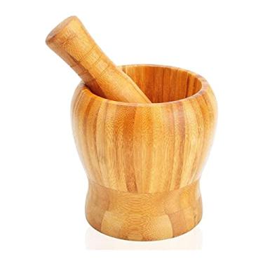 Imagem de Almofariz e pilão de bambu, moedor de especiarias de bambu 100% natural, triturador, prensa, purê de especiarias, ervas, alho, pimenta, guacamole, nozes, frutas, almofariz de madeira e pilão conjunto