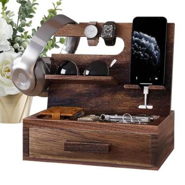 Imagem de Organizador de mesa de cabeceira | Estação de ancoragem de telefone de madeira com gaveta, organizador de mesa de cabeceira para celular para namorado