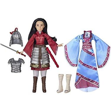 Imagem de Boneca Disney Mulan Deluxe Duplo Reflexo, Traje de Guerreira e Vestido Azul - E8587 - Hasbro