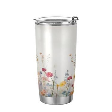 Imagem de xigua Copo de flores silvestres de jardim aquarela com tampa de palha, caneca de viagem a vácuo de parede dupla, caneca de café bem isolada, copo de aço inoxidável para bebidas quentes e frias, 600 ml
