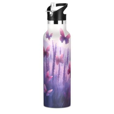 Imagem de ATTX Garrafa de água de campo lavanda com borboletas com tampa de palha, copo de aço inoxidável de 590 ml, copo isolado para viagens, ao ar livre #108