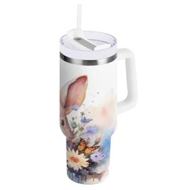 Imagem de Blueangle Copo de coelho da Páscoa aquarela de 1,134 g com alça e tampa de palha, copo isolado, reutilizável, garrafa de água de aço inoxidável, caneca de viagem (149)