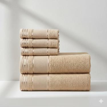 Imagem de Kit Toalha de Banho e Rosto 5 Pçs 100% Algodão 290 g/m2 Hipoalergênica - Barra Decoratica, Luxo, Toque Macio e alta absorção - Bege