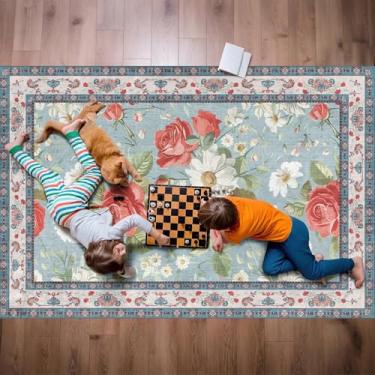 Imagem de CCoutueChen Tapete floral vintage, 1,2 x 1,8 m, azul-petróleo, asteca, grande, para sala de estar, tapete lavável à máquina