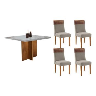 Imagem de Sala Jantar Mesa Berlim Tampo c/ Vidro Curvo 90cm+4 Cadeiras Jaspe Madeira Naturale/Off White - Capuccino/Suede Capuccino - Rufato