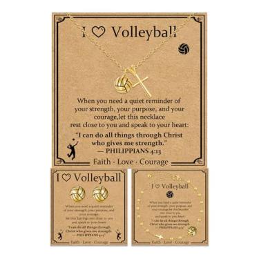Imagem de FUSAHURIY Conjunto de brincos e colar com cruz de softbol/futebol/voleibol/basquete/futebol para mulheres, banhado a ouro 18 k, joias esportivas inspiradoras cristãs para presentes de fim de temporada