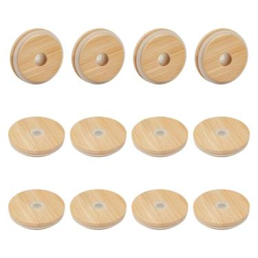 Imagem de OLYCRAFT 12 peças de tampas de bambu para copos de vidro, tampas de vidro de 2,8 polegadas com orifício de palha, tampa de copo reutilizável, tampa de substituição de copos de cerveja, tampas de
