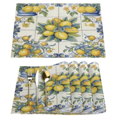 Imagem de Jogo americano conjunto de 4, tapetes de mesa vintage pintados com limão – jogo americano lavável resistente ao calor, tapetes para cozinha, jantar, festa, decoração de férias