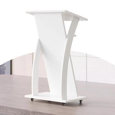 Imagem de Púlpito de roda portátil bloqueável, pódio móvel de ensino para sala de aula e seminário, suporte de apresentação inclinado ajustável para discurso e debate - cor branca