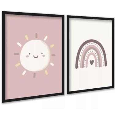Imagem de Kit 2 Quadros Infantis Sol E Arco-Íris Rosê 45X34Cm - Vidro