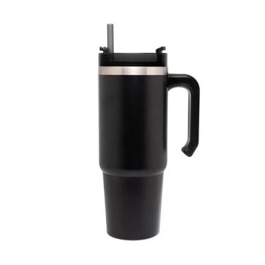Imagem de Copo Térmico Aço Inox C/Parede Dupla, Alça, Tampa e Canudo Plástico Slimterm Preto 890m...