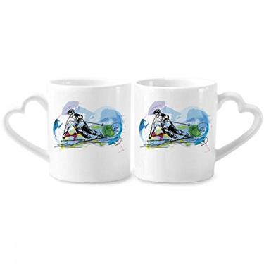 Imagem de Conjunto de canecas de porcelana para casais de esportes de inverno atletas de esqui estilo livre conjunto de canecas de cerâmica para amantes de coração