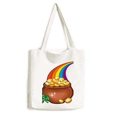 Imagem de Clover Shine Bolsa de lona arco-íris Irlanda Dia de São Patrício bolsa de compras casual bolsa de mão