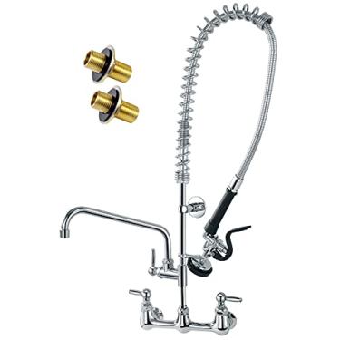 Imagem de AGAHPAY Torneira de pia de cozinha comercial com pulverizador de pré-enxágue, torneira de montagem na parede central de 20,4 cm com bico giratório de 30,5 cm de altura torneira de pia de compartimento